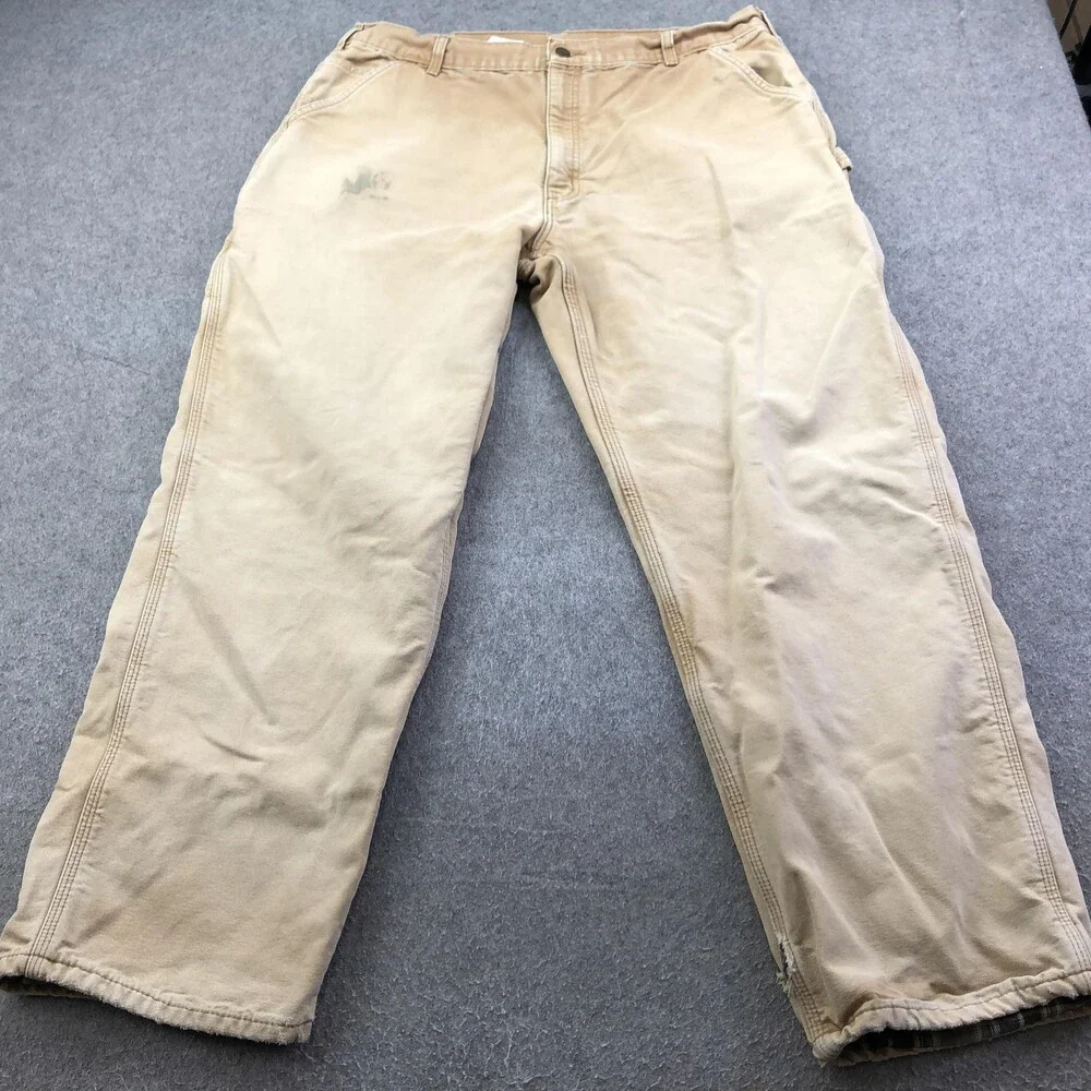 Carhartt Pants Mens 40x32 Brown Canvas Carpenter Flannel Lined Workwear B111 - Picture 7 of 14